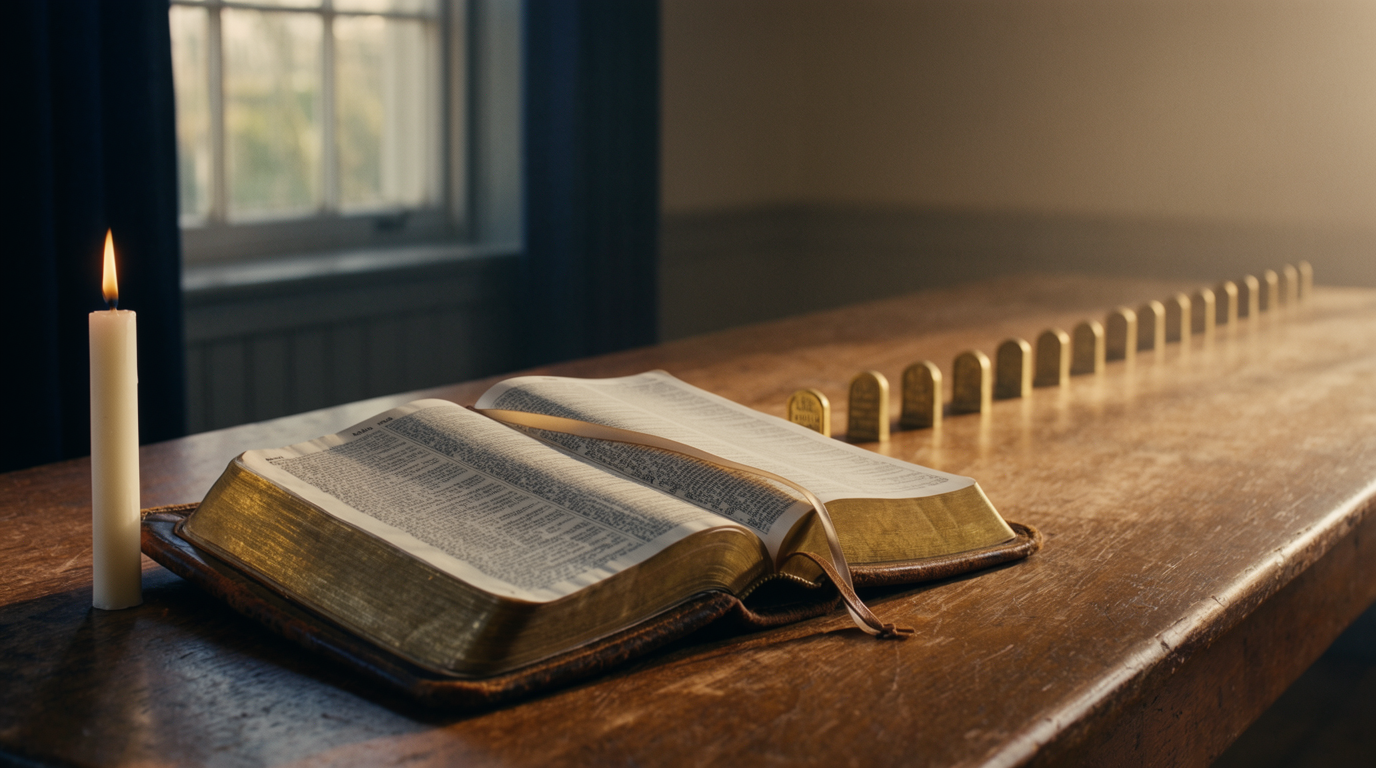 An open Bible on a wooden table beside a candle, with a receding line of brass milestone markers